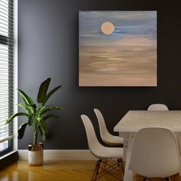 A luminous moon floats above layered blues, its reflection rippling across water. A meditation on clarity, depth, and peace of mind.