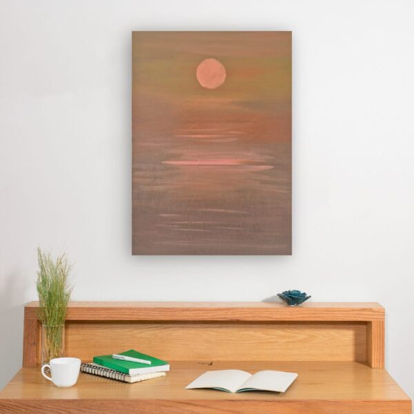 Delicate pink and coral reflections shimmer beneath a gentle moon. This piece evokes tenderness and serenity at twilight’s edge.