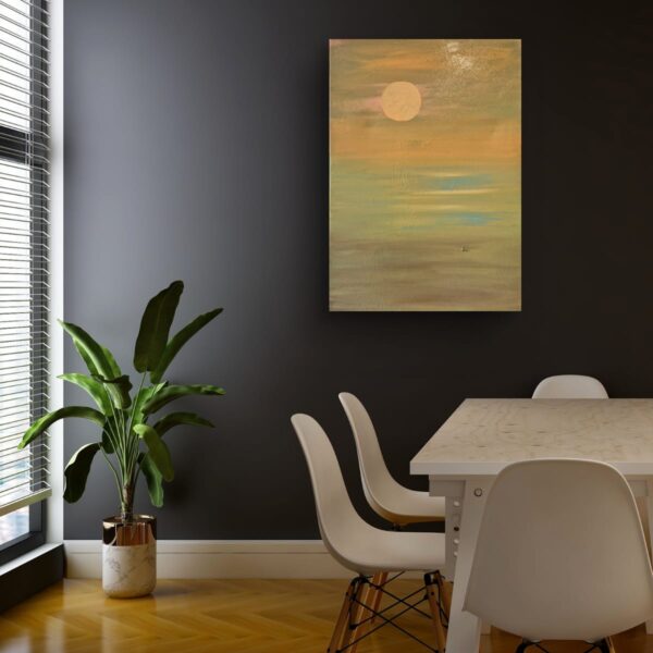 The moon rises over a soft horizon brushed with green and peach tones. A painting of gentle harmony and radiant calm.