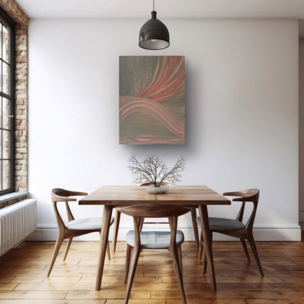 Sweeping arcs of rose, silver, and soft taupe flow across the canvas in rhythmic motion. This abstract work symbolizes energy, continuity, and the unseen forces that carry us forward.
