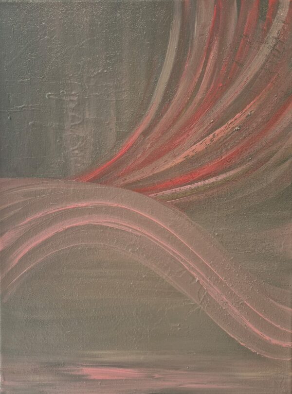 Sweeping arcs of rose, silver, and soft taupe flow across the canvas in rhythmic motion. This abstract work symbolizes energy, continuity, and the unseen forces that carry us forward.