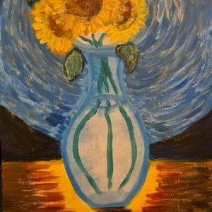 Bright sunflowers stand tall in a painted vase, illuminated by a swirling blue sky and warm golden ground. This acrylic piece celebrates joy, vitality, and the enduring light of nature.