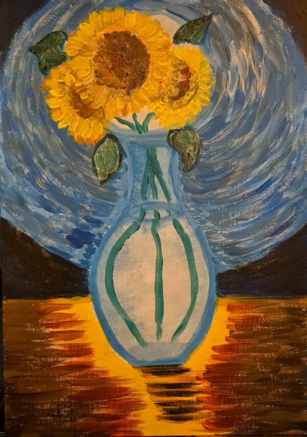 Bright sunflowers stand tall in a painted vase, illuminated by a swirling blue sky and warm golden ground. This acrylic piece celebrates joy, vitality, and the enduring light of nature.