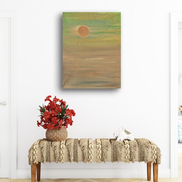 The moon glows softly above green and amber skies, radiating calm. This piece carries the warmth of harvest light and the beauty of still moments.