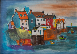 This is a watercolour painting that captures a charming coastal village scene. The composition features a cluster of colourful houses nestled along a rocky shoreline.