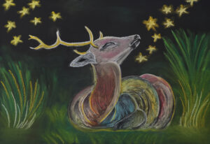This enchanting artwork captures the serene beauty of a young deer nestled amidst a field of tall grass, with a starry night sky as its backdrop.