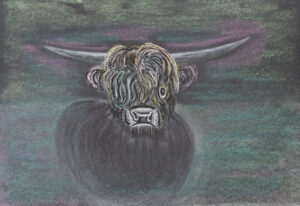 This captivating pastel artwork portrays a majestic Highland cow, its thick, shaggy coat and distinctive horns immediately recognizable.