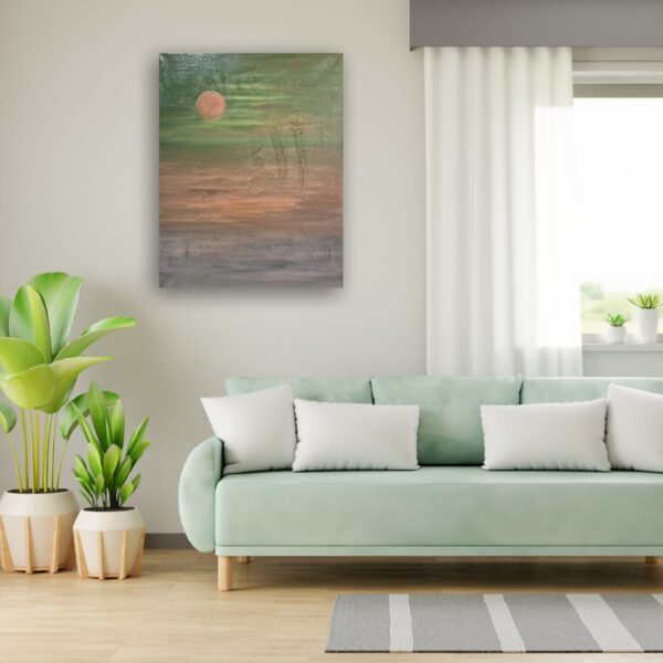 Set against soft greens and earthy tones, the moon glows with natural warmth. This painting symbolizes growth, renewal, and nature’s steady cycles.