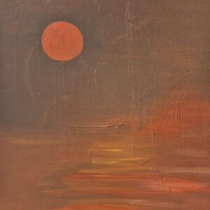 A deep red moon glows against a warm horizon, casting soft crimson light across the water. A painting of mystery, warmth, and quiet strength.