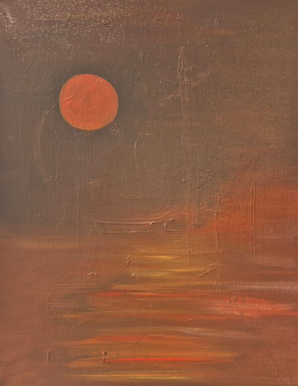 A deep red moon glows against a warm horizon, casting soft crimson light across the water. A painting of mystery, warmth, and quiet strength.