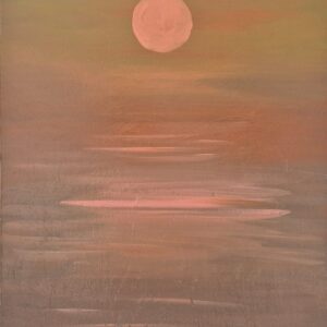 Delicate pink and coral reflections shimmer beneath a gentle moon. This piece evokes tenderness and serenity at twilight’s edge.