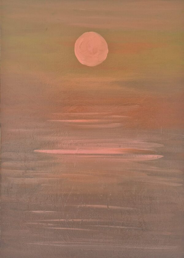 Delicate pink and coral reflections shimmer beneath a gentle moon. This piece evokes tenderness and serenity at twilight’s edge.