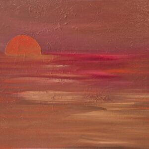 The sun sinks into a fiery horizon, dissolving into glowing waves of red and orange. A reminder of passion, endings, and the promise of renewal.