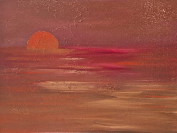 The sun sinks into a fiery horizon, dissolving into glowing waves of red and orange. A reminder of passion, endings, and the promise of renewal.
