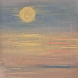 A pale golden moon rests over soft pastel skies, glowing gently above the horizon. This painting captures stillness, peace, and balance.