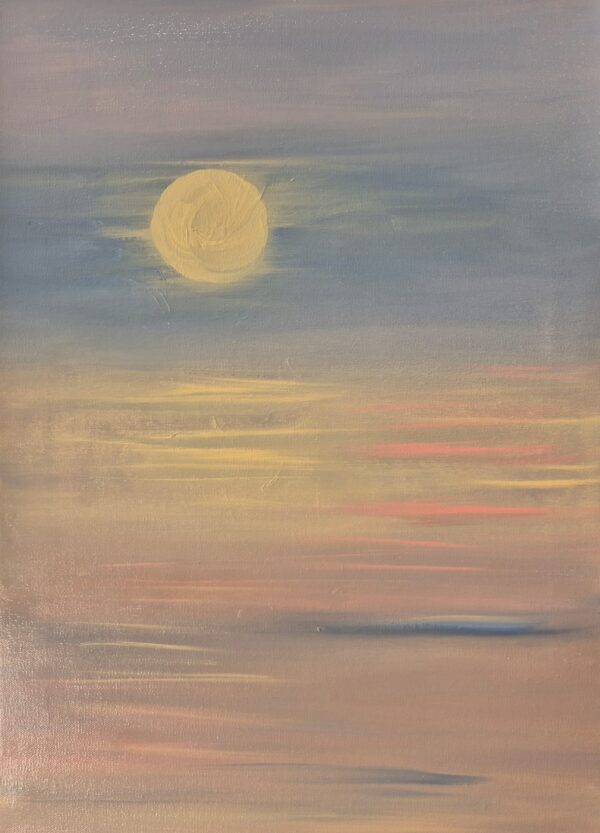 A pale golden moon rests over soft pastel skies, glowing gently above the horizon. This painting captures stillness, peace, and balance.