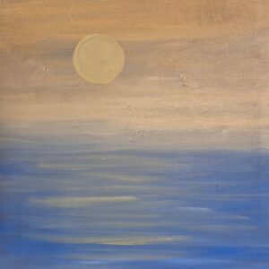 Shades of beige and blue meet beneath a glowing moon, reflecting harmony between earth and water. A soothing vision of quiet seas under night’s embrace.