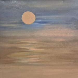 A luminous moon floats above layered blues, its reflection rippling across water. A meditation on clarity, depth, and peace of mind.