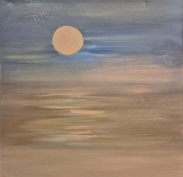 A luminous moon floats above layered blues, its reflection rippling across water. A meditation on clarity, depth, and peace of mind.