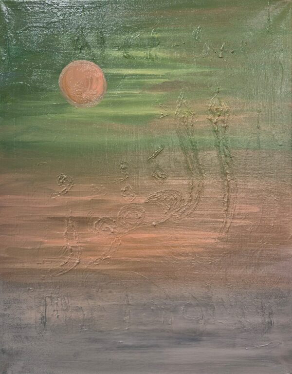 Set against soft greens and earthy tones, the moon glows with natural warmth. This painting symbolizes growth, renewal, and nature’s steady cycles.