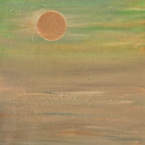 The moon glows softly above green and amber skies, radiating calm. This piece carries the warmth of harvest light and the beauty of still moments.