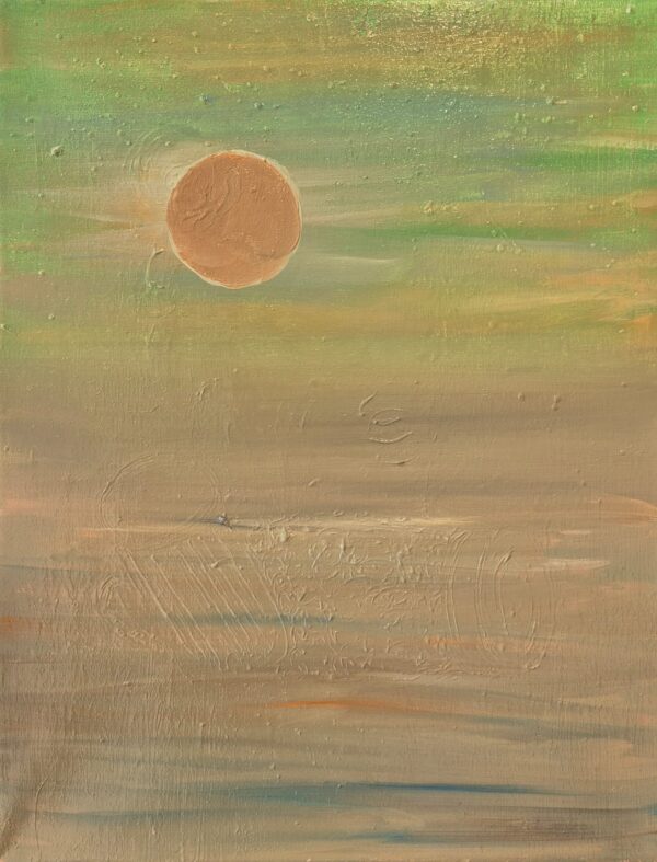 The moon glows softly above green and amber skies, radiating calm. This piece carries the warmth of harvest light and the beauty of still moments.