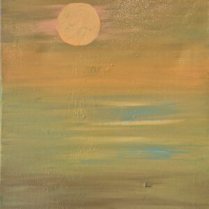 The moon rises over a soft horizon brushed with green and peach tones. A painting of gentle harmony and radiant calm.