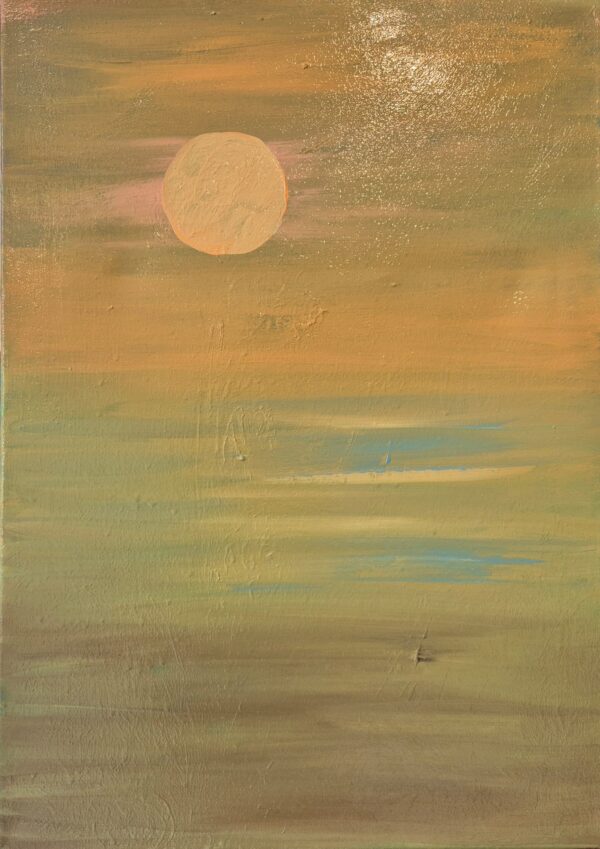 The moon rises over a soft horizon brushed with green and peach tones. A painting of gentle harmony and radiant calm.