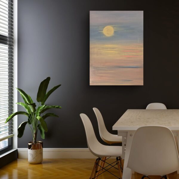 A pale golden moon rests over soft pastel skies, glowing gently above the horizon. This painting captures stillness, peace, and balance.