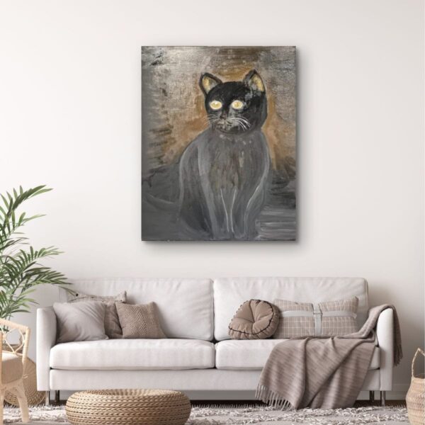 "The Silent Observer," an oil on canvas painting, captures the enigmatic presence of a watchful figure. The artist's masterful use of oil paint creates a rich and textured surface, drawing the viewer into the subject's quiet world. The cat's piercing gaze and subtle smile suggest a deep understanding or hidden knowledge, leaving the viewer to ponder the mysteries beyond the frame. The painting was created on 11th February 2025.