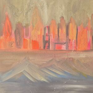 Abstract silhouettes of a glowing city meet fluid ocean waves, bridging human creation and natural wonder. A reminder of how both worlds endlessly shape one another.