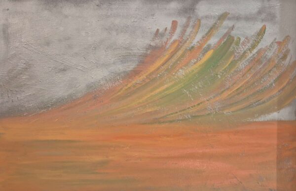 A vibrant wave crests with soft orange and green undertones, suggesting the first light of morning touching the sea. A hopeful vision of new beginnings.