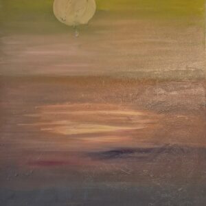 A gentle moon rises above a muted horizon, bathing the ocean in soft light. This piece evokes calm reflection and the timeless rhythm of night meeting water.