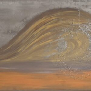 A sweeping curve of energy flows across the canvas, like an endless tide rolling toward the shore. It symbolizes resilience and the unstoppable force of nature.
