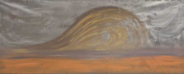 A sweeping curve of energy flows across the canvas, like an endless tide rolling toward the shore. It symbolizes resilience and the unstoppable force of nature.