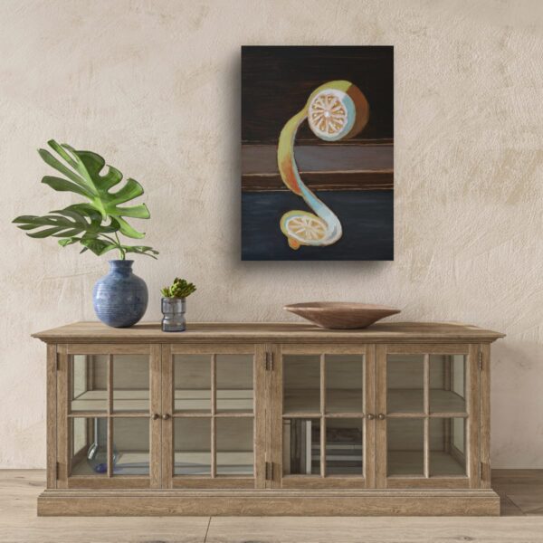 This small-scale realist oil painting depicts a peeled lemon in a dynamic and somewhat precarious position. The lemon's skin is peeled back in a long, twisting strip, creating a sense of movement and fluidity. The bright yellow fruit contrasts with the darker background, drawing the viewer's eye to its intricate details. The artist has skillfully captured the texture of the lemon's skin, the juiciness of its flesh, and the subtle play of light and shadow.