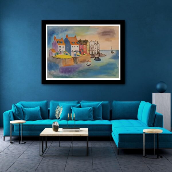 This vibrant watercolour painting captures the charm of a picturesque coastal village. A cluster of colourful houses lines the waterfront, their bright facades contrasting with the muted tones of the sky and sea.