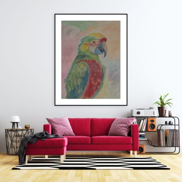 This vibrant watercolour painting captures the beauty and vibrancy of a colourful parrot. The bird is depicted in a dynamic pose, its head turned slightly to the side, showcasing its colorful plumage.