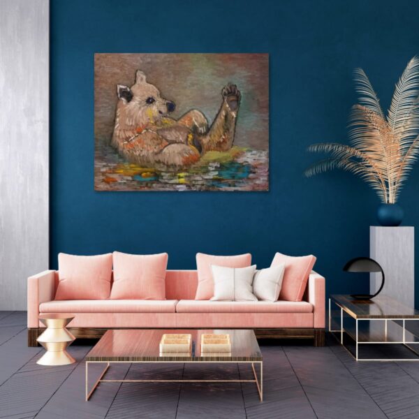 This delightful painting captures a playful bear cub enjoying a leisurely moment in a pool of water.