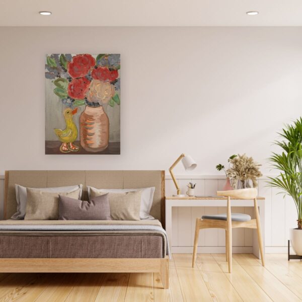 This painting features a vibrant still-life arrangement with a playful twist. A ceramic vase filled with a bouquet of colourful flowers takes centre stage.