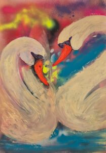 “Swan Song of Light” is a mixed media painting that merges the fluid spontaneity of spray paint with the softness of oil brushwork. Two swans face one another in a graceful, heart-like formation, glowing with connection at the center of a vibrant, cosmic aura. Their delicate necks and feathered forms flow like poetry, while the background bursts with energy — symbolizing the moment where peace and passion meet. This painting represents love, purity, and the silent language of two souls that recognize one another. Created using layers of spray paint, intuitive mark-making, and expressive oil textures, this piece invites the viewer into a serene world of harmony, balance, and emotion.