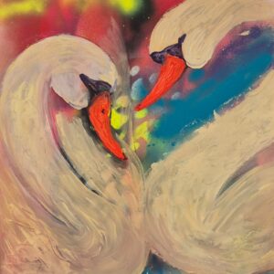 “Swan Song of Light” is a mixed media painting that merges the fluid spontaneity of spray paint with the softness of oil brushwork. Two swans face one another in a graceful, heart-like formation, glowing with connection at the center of a vibrant, cosmic aura. Their delicate necks and feathered forms flow like poetry, while the background bursts with energy — symbolizing the moment where peace and passion meet. This painting represents love, purity, and the silent language of two souls that recognize one another. Created using layers of spray paint, intuitive mark-making, and expressive oil textures, this piece invites the viewer into a serene world of harmony, balance, and emotion.