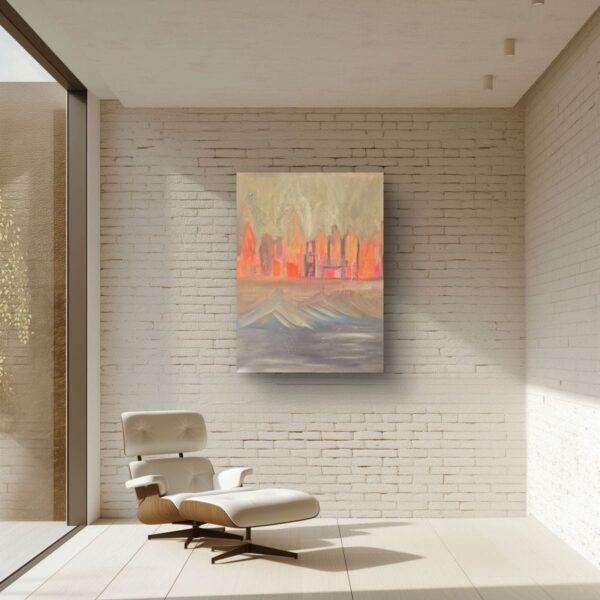Abstract city silhouettes glow like embers above undulating waves. A meeting place of human creation and natural rhythm, this painting reflects how landscapes and patterns leave imprints on one another.