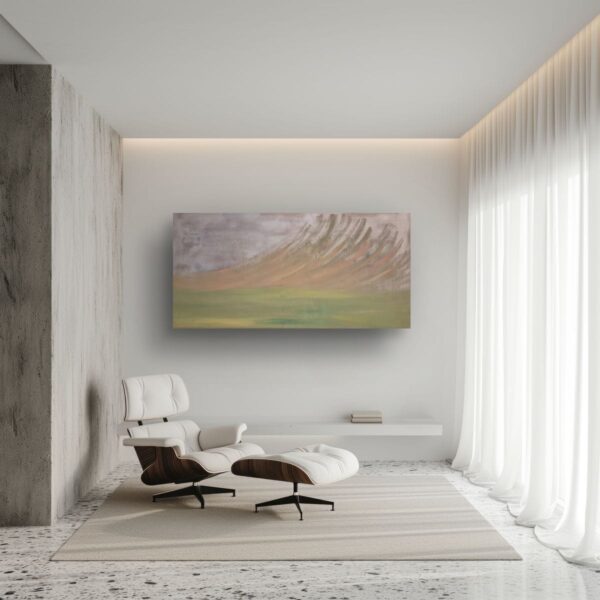 Gentle earthy strokes rise like ocean waves against a serene green base, symbolizing balance between strength and softness. A meditation on harmony.