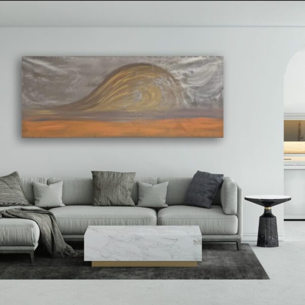 A sweeping curve of energy flows across the canvas, like an endless tide rolling toward the shore. It symbolizes resilience and the unstoppable force of nature.