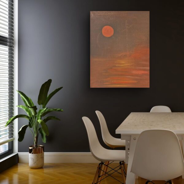 A deep red moon glows against a warm horizon, casting soft crimson light across the water. A painting of mystery, warmth, and quiet strength.